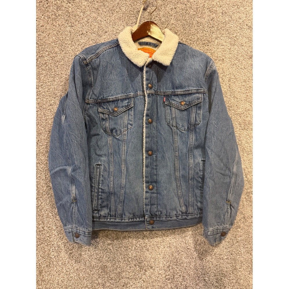 Levis Denim Jacket Mens L Blue Sherpa Lined Trucker Classic Cotton Coat